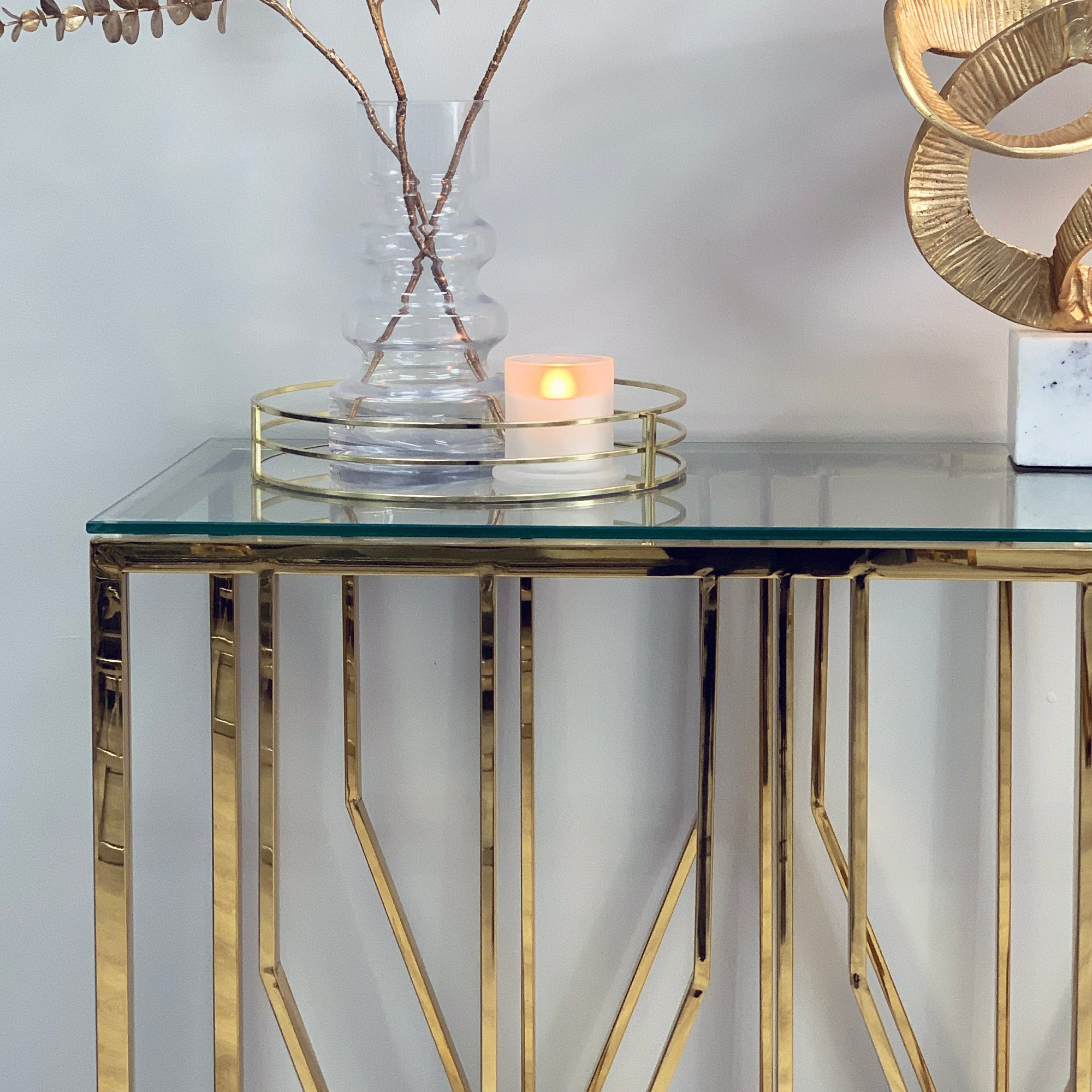 Console Aria Gold Deco avec plateau en verre transparent
