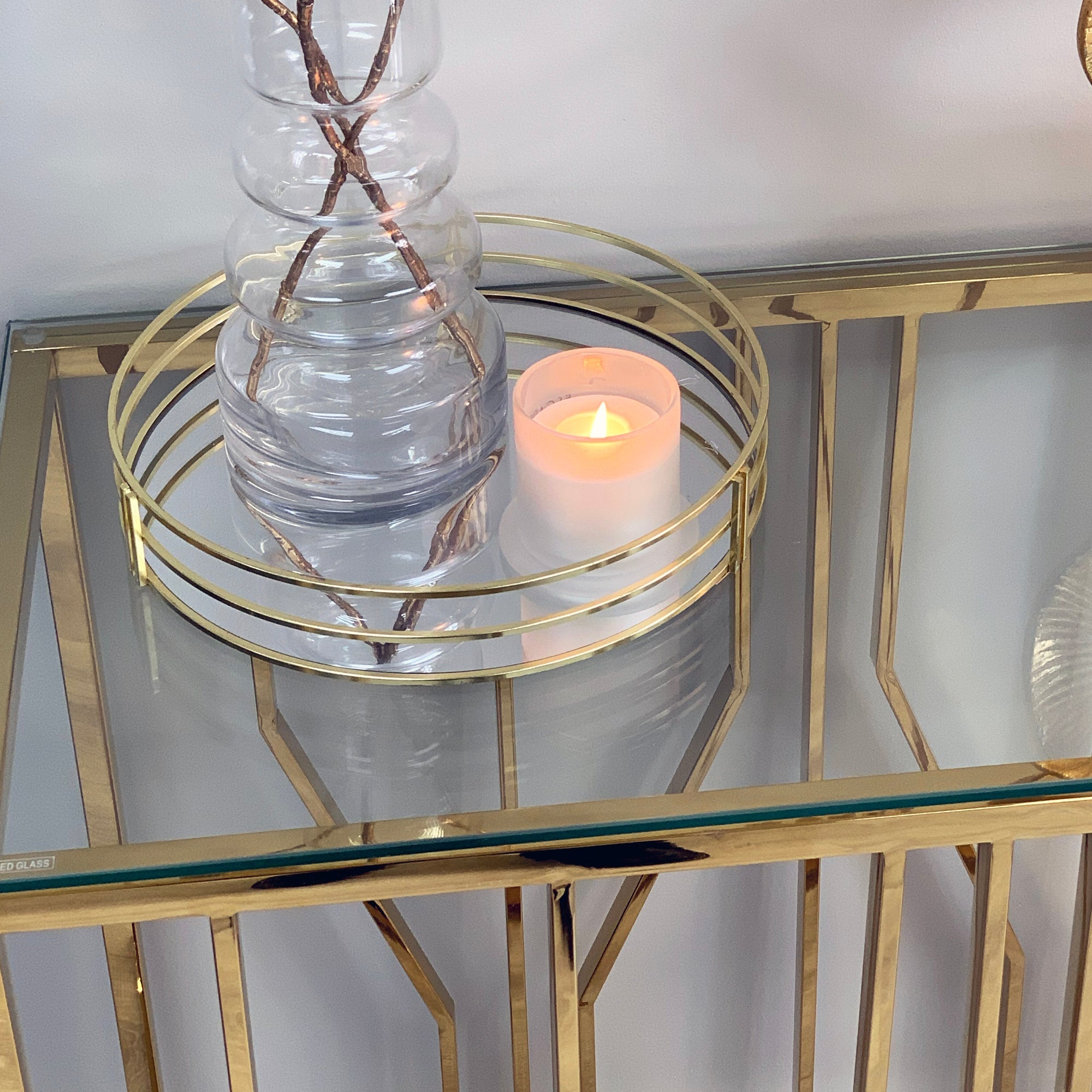 Console Aria Gold Deco avec plateau en verre transparent
