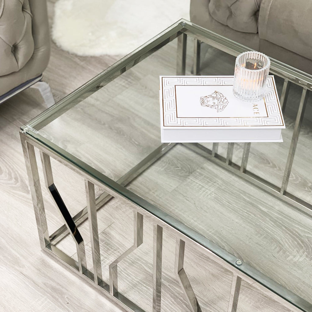 Table basse Aria Silver Deco avec plateau en verre transparent