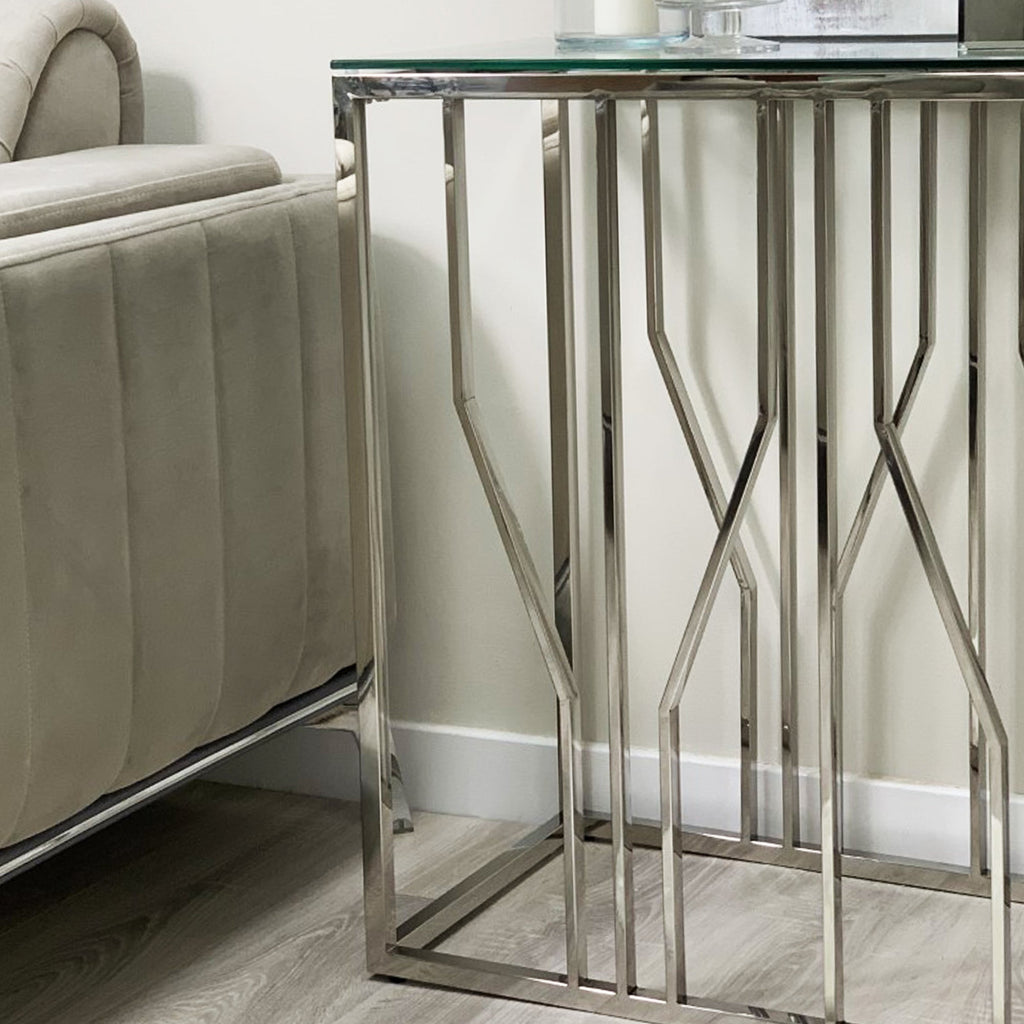 Console Aria Silver Deco avec plateau en verre transparent