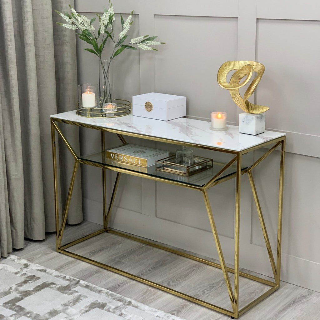 Console Ava Gold avec plateau effet marbre blanc