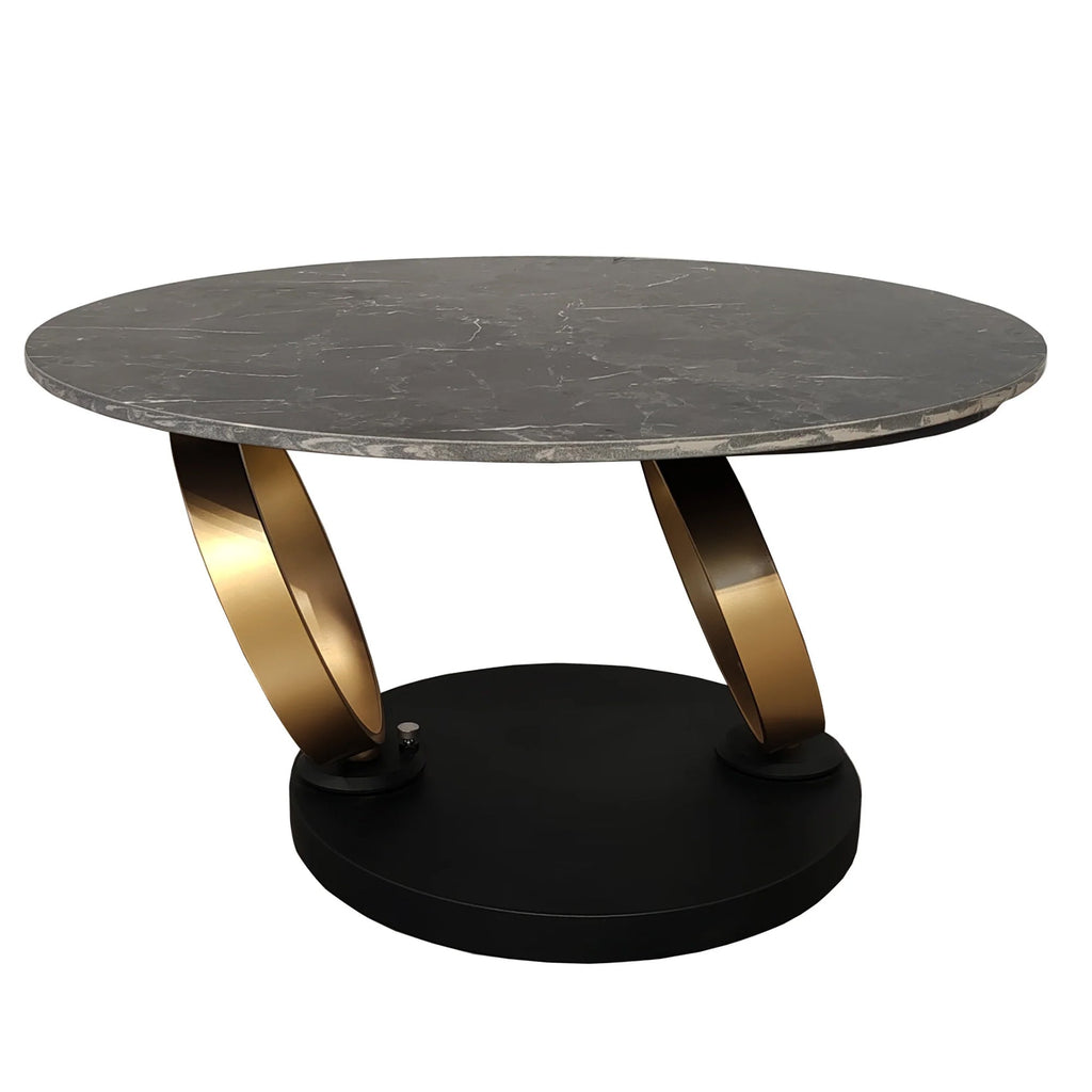 Table basse pivotante en céramique noire effet marbre avec base dorée