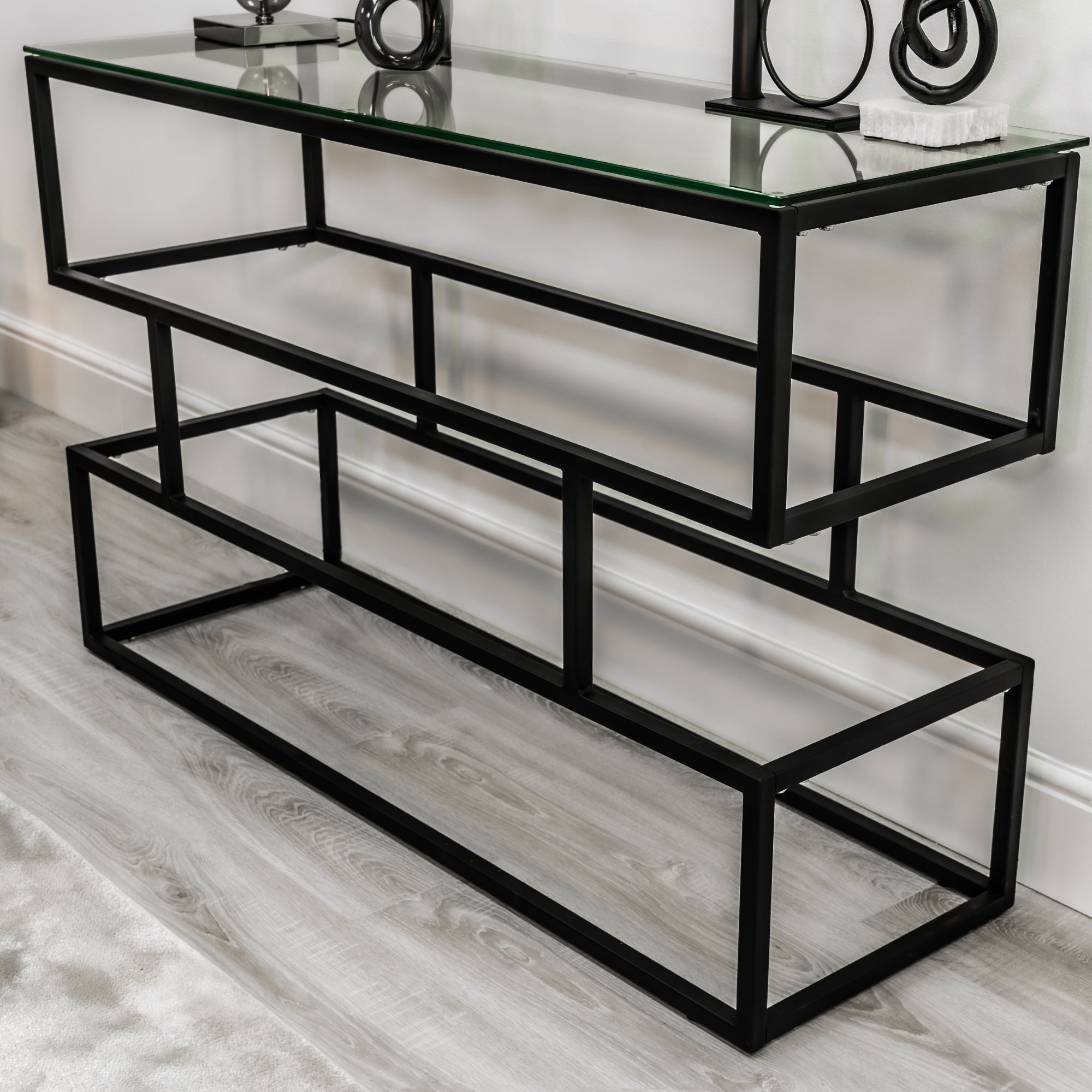 Console Lina en verre transparent avec cadre noir mat