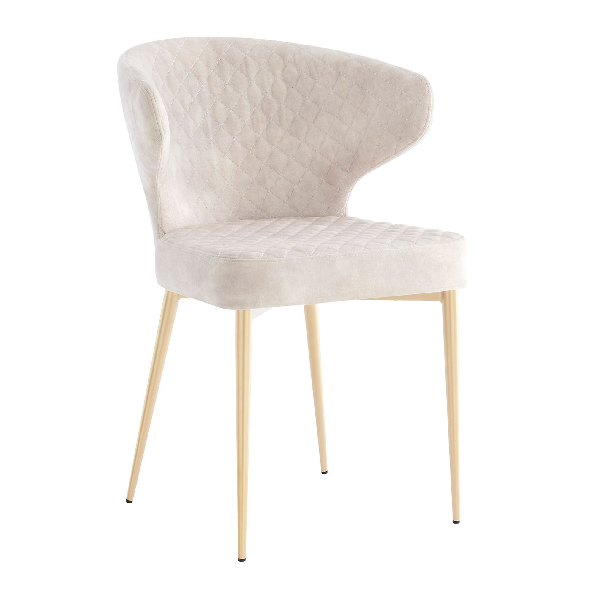 Chaise de salle à manger Levi en velours crème avec motif matelassé et pieds dorés