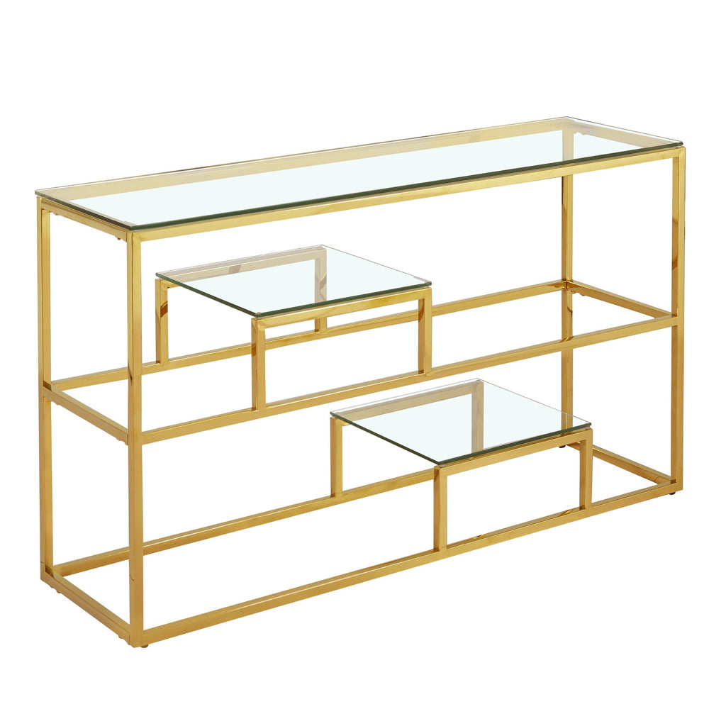 Console Enzo Gold avec plateau en verre transparent et étagères
