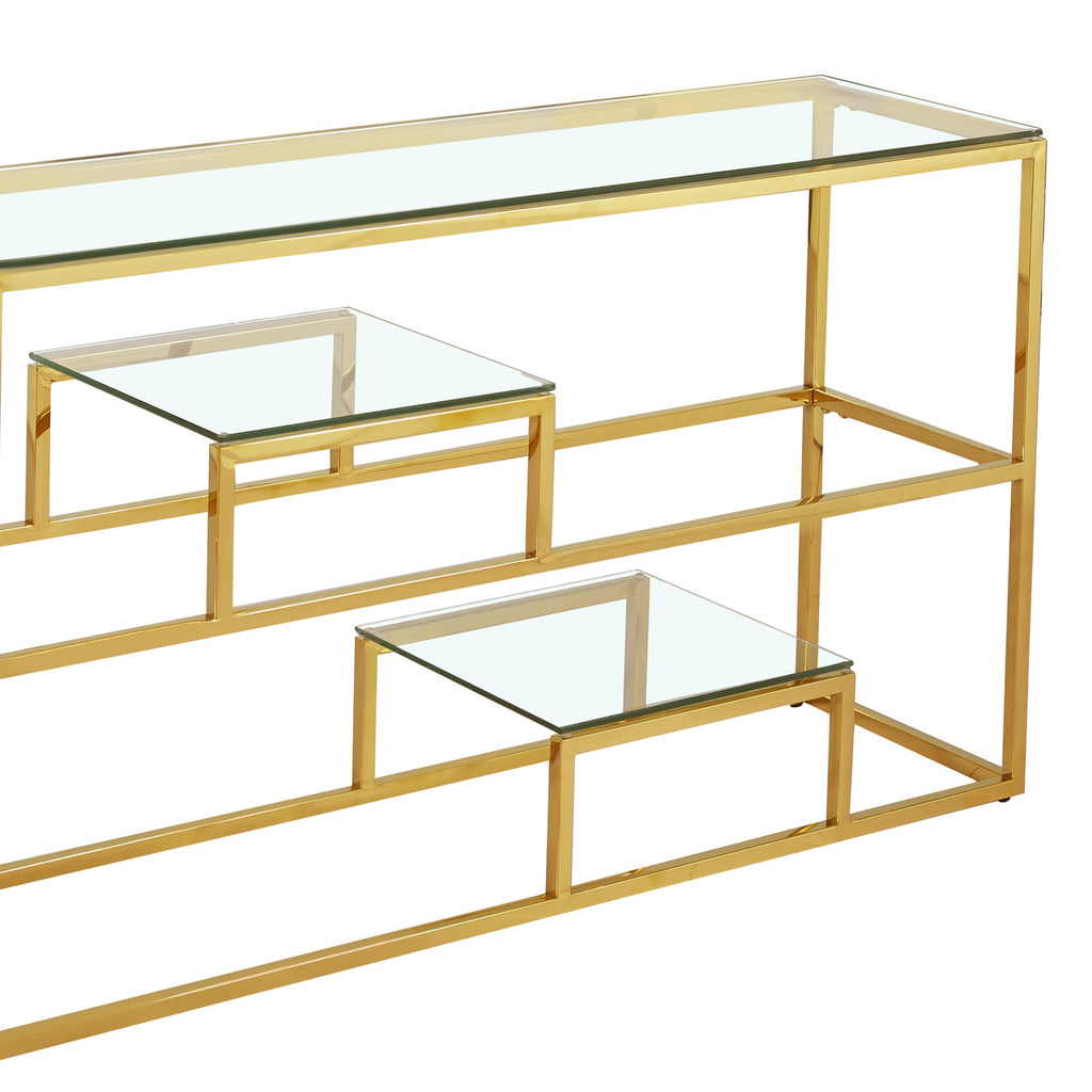 Console Enzo Gold avec plateau en verre transparent et étagères