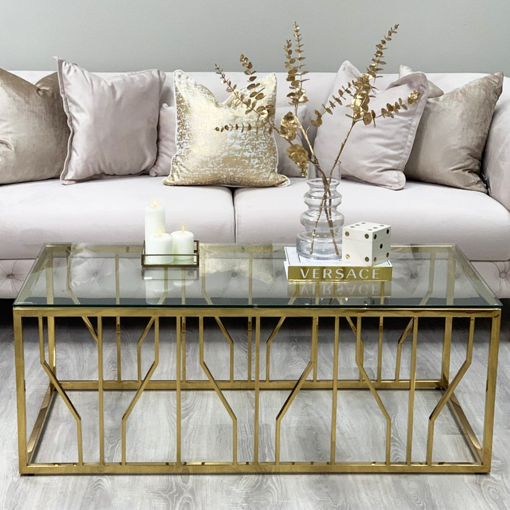 Table basse Aria Gold Deco avec plateau en verre transparent