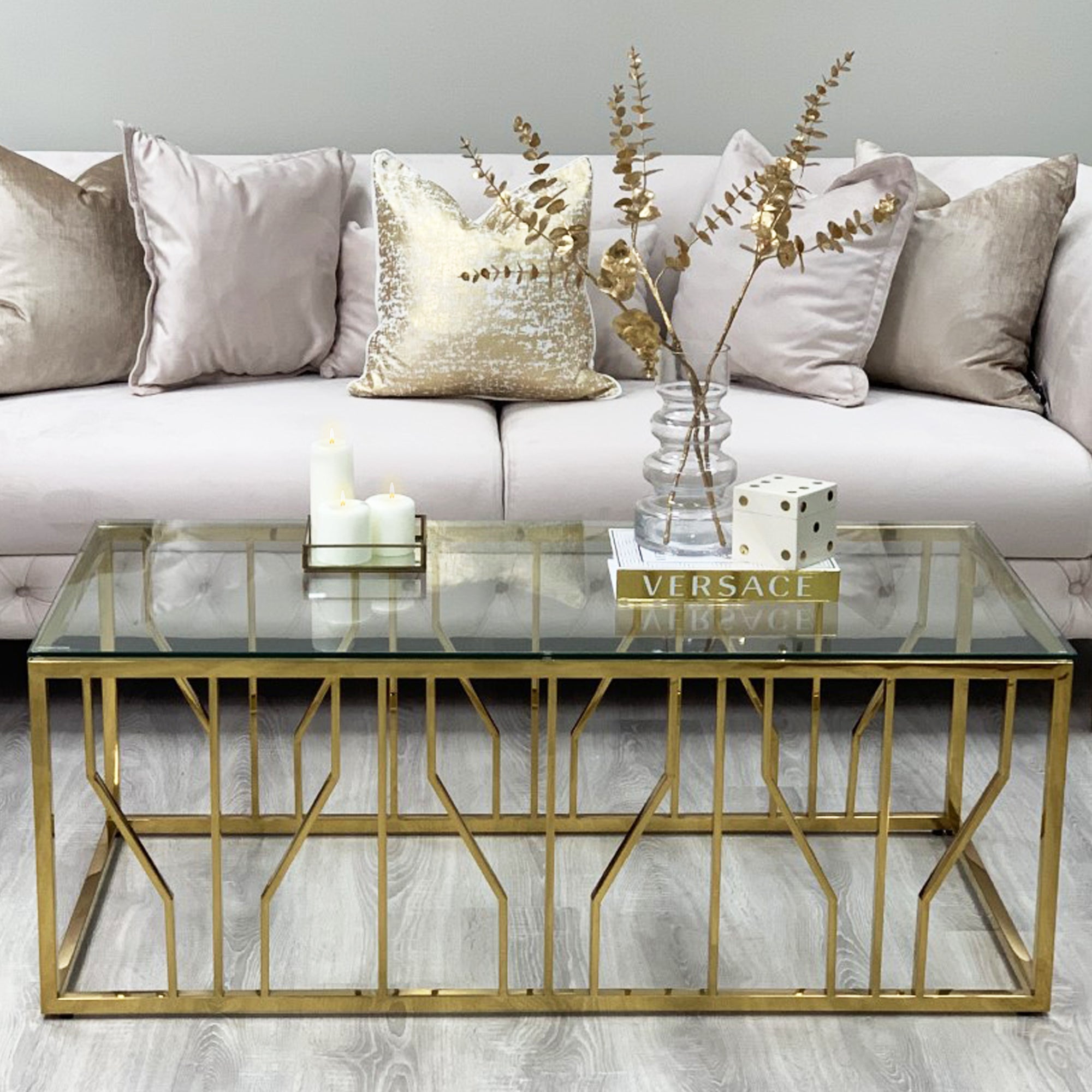 Table basse Aria Gold Deco avec plateau en verre transparent
