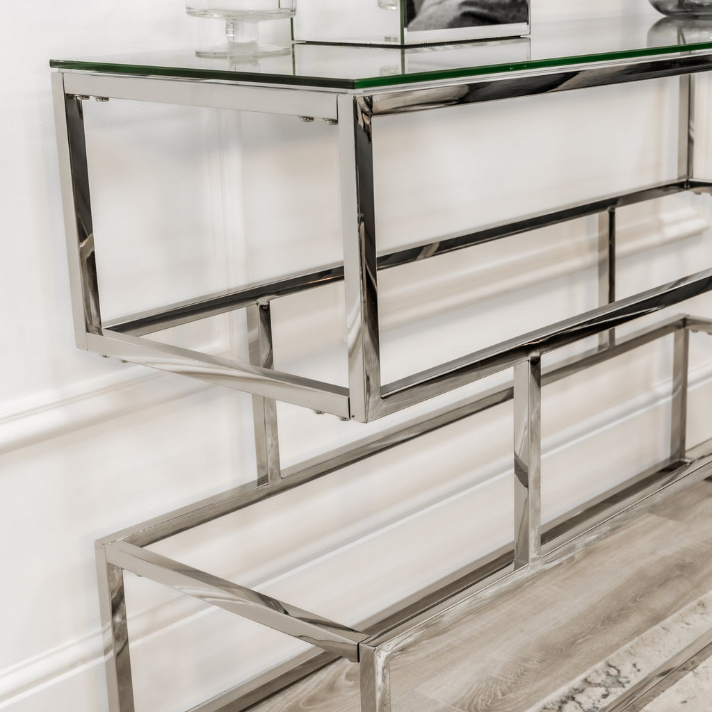 Console Lina en chrome argenté avec plateau en verre transparent