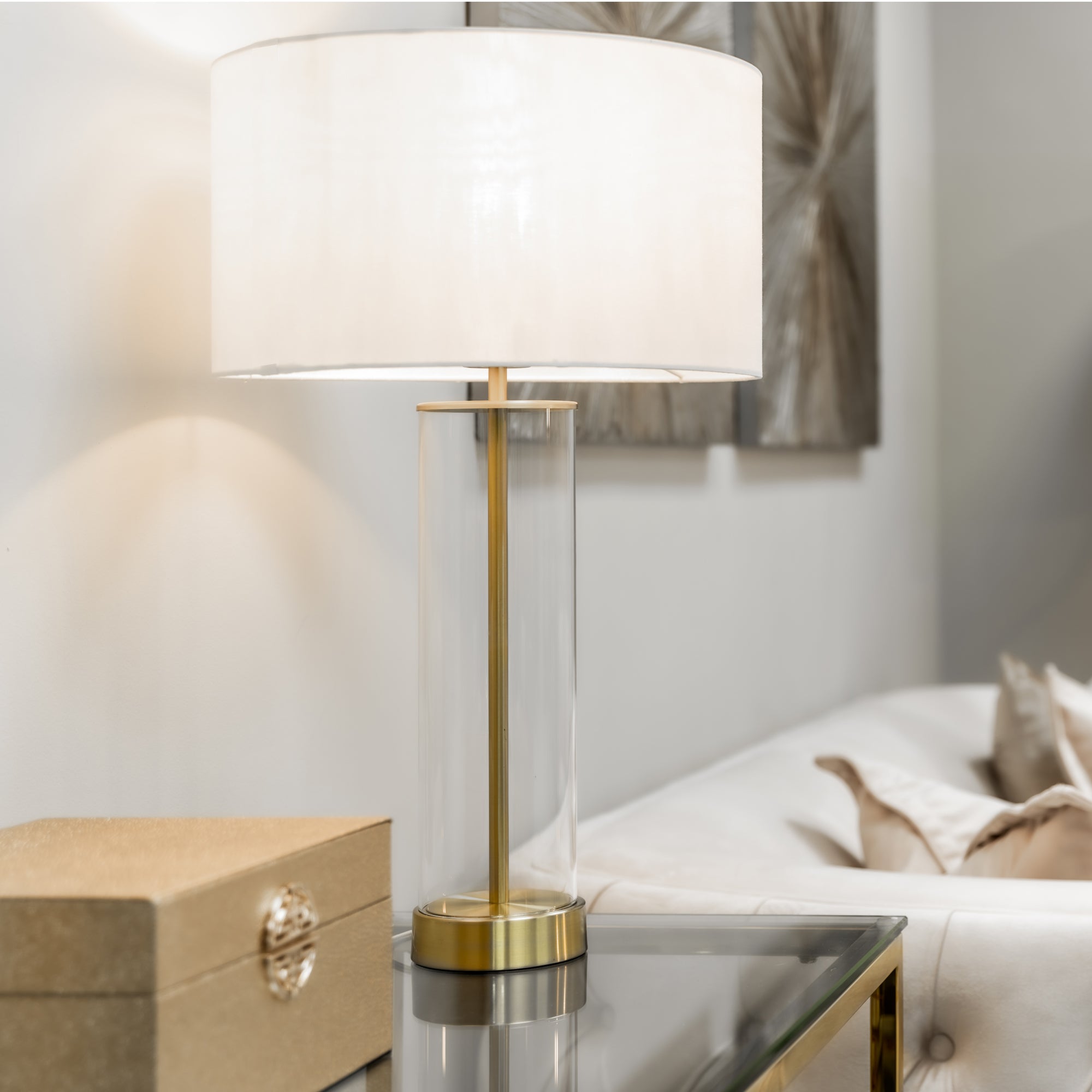 Lampe tactile à intensité variable en laiton avec abat-jour blanc