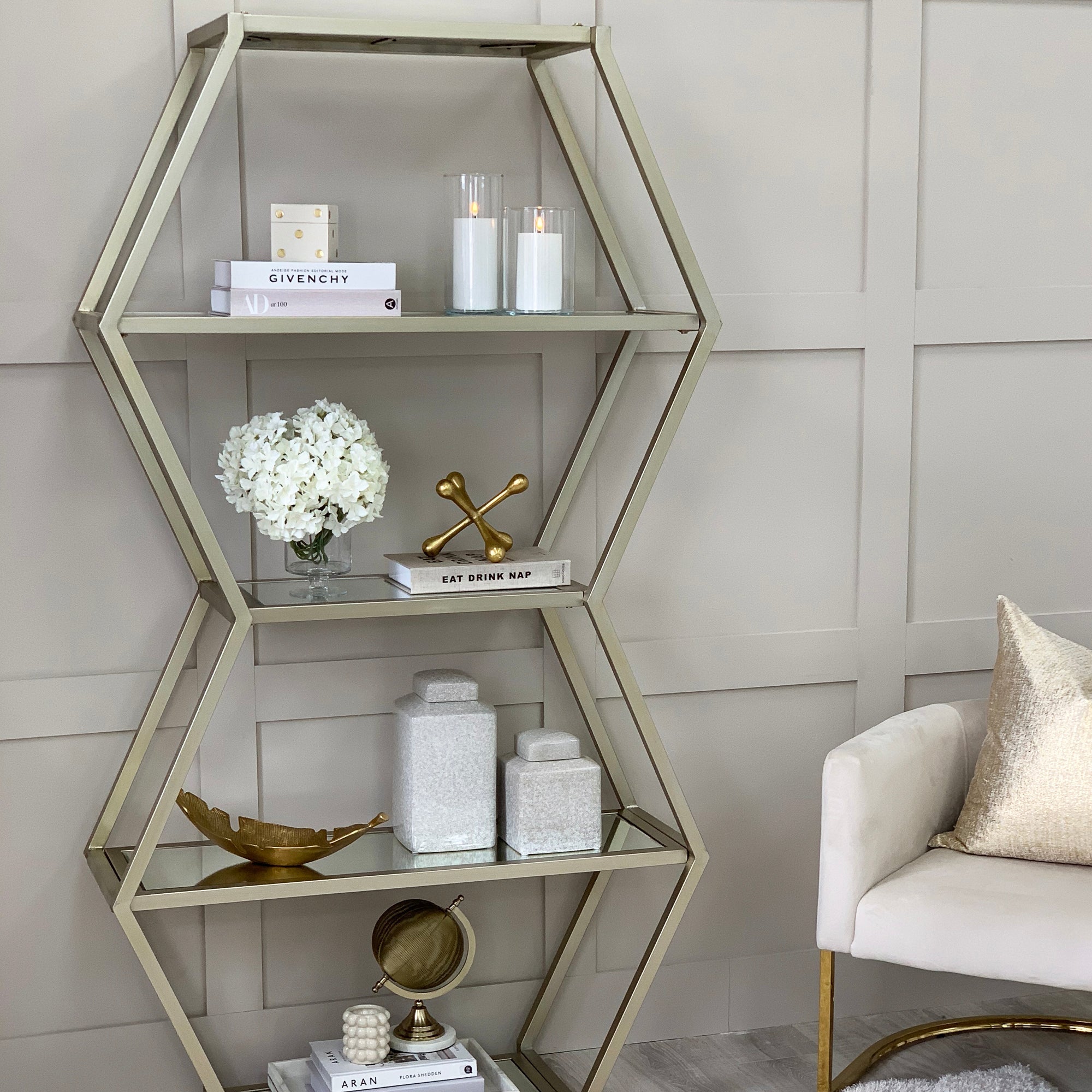 Grandes étagères en miroir doré champagne