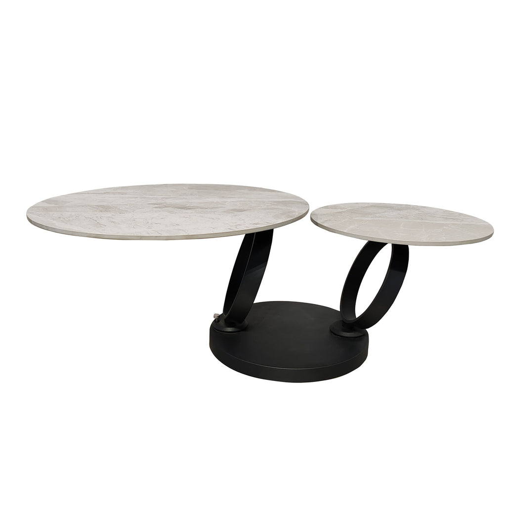 Table basse pivotante en céramique grise effet marbre avec base noire